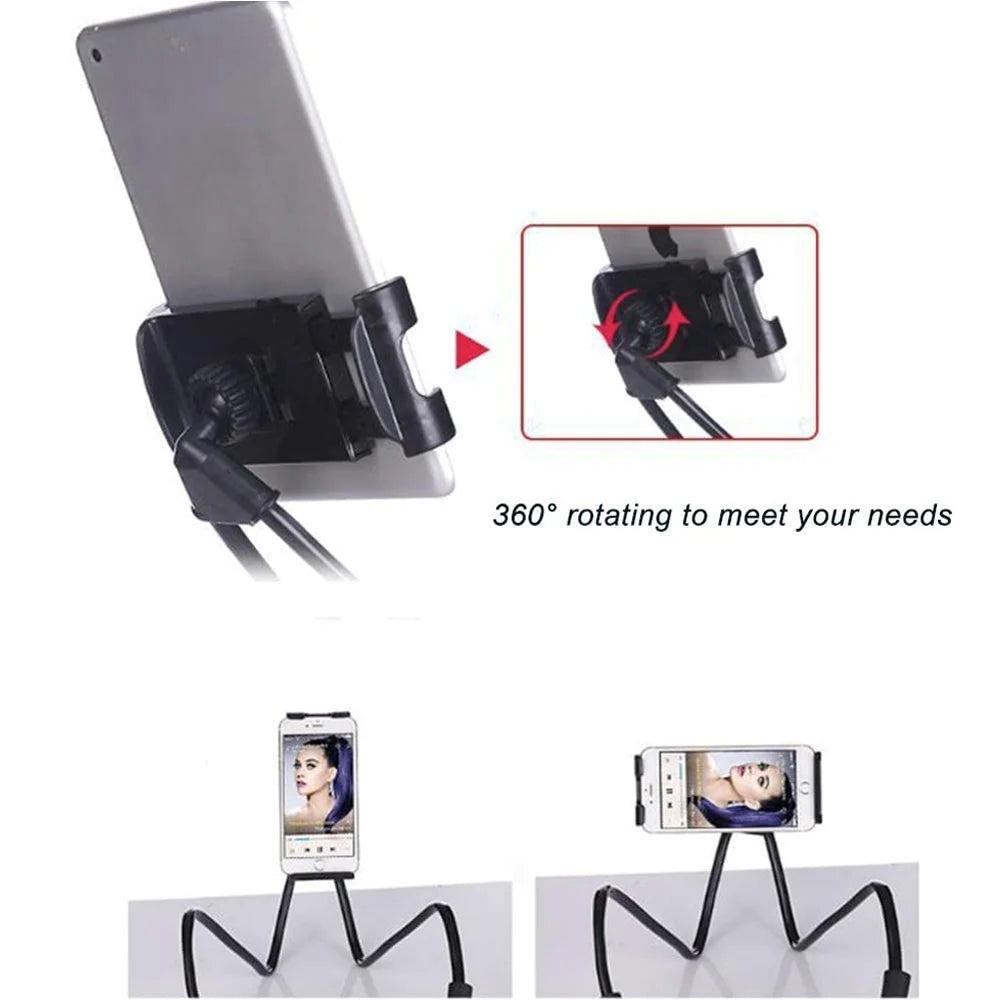 Flexible neck phone holder providing hands-free phone viewing while cooking and relaxing