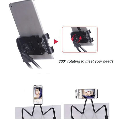 Flexible neck phone holder providing hands-free phone viewing while cooking and relaxing