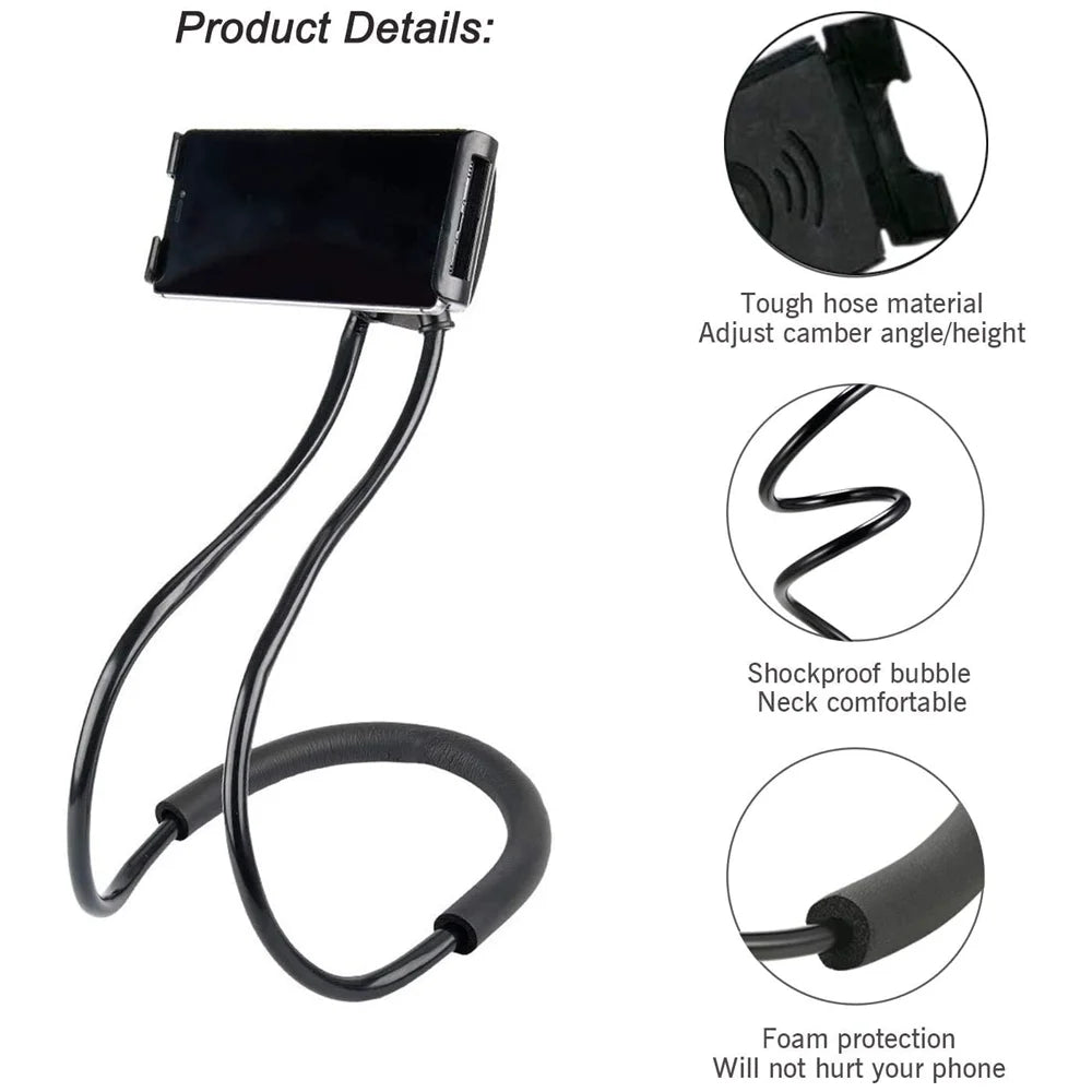 Flexible neck phone holder providing hands-free phone viewing while cooking and relaxing