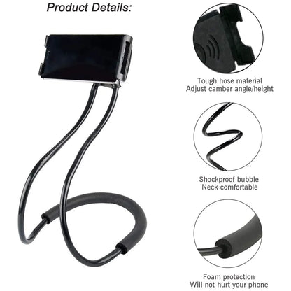 Flexible neck phone holder providing hands-free phone viewing while cooking and relaxing