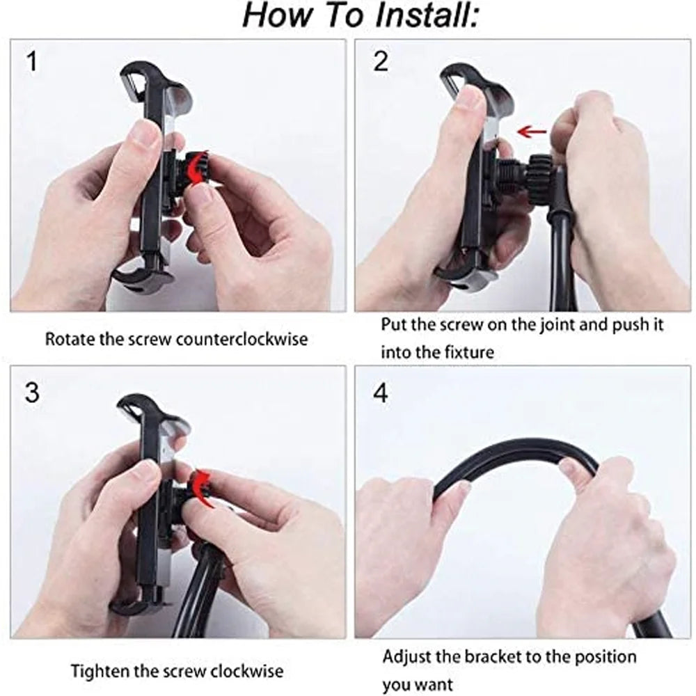 Flexible neck phone holder providing hands-free phone viewing while cooking and relaxing