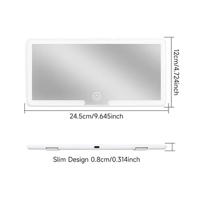 LED car vanity mirror with touch control mounted on sun visor for makeup and grooming