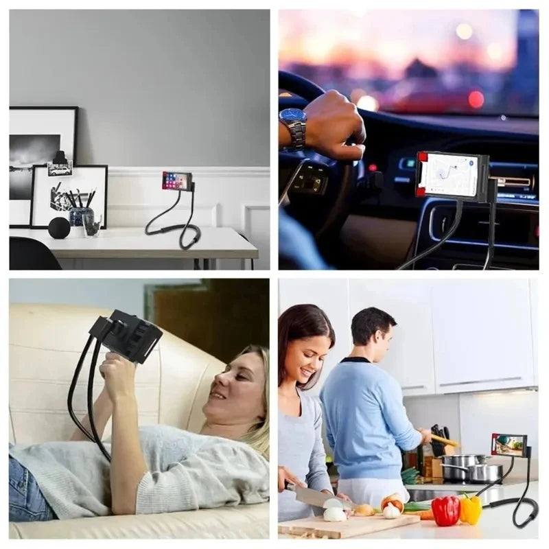 Flexible neck phone holder providing hands-free phone viewing while cooking and relaxing