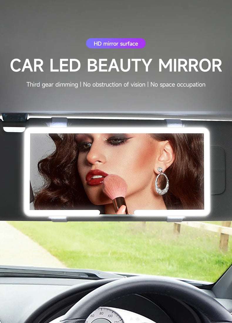 LED car vanity mirror with touch control mounted on sun visor for makeup and grooming