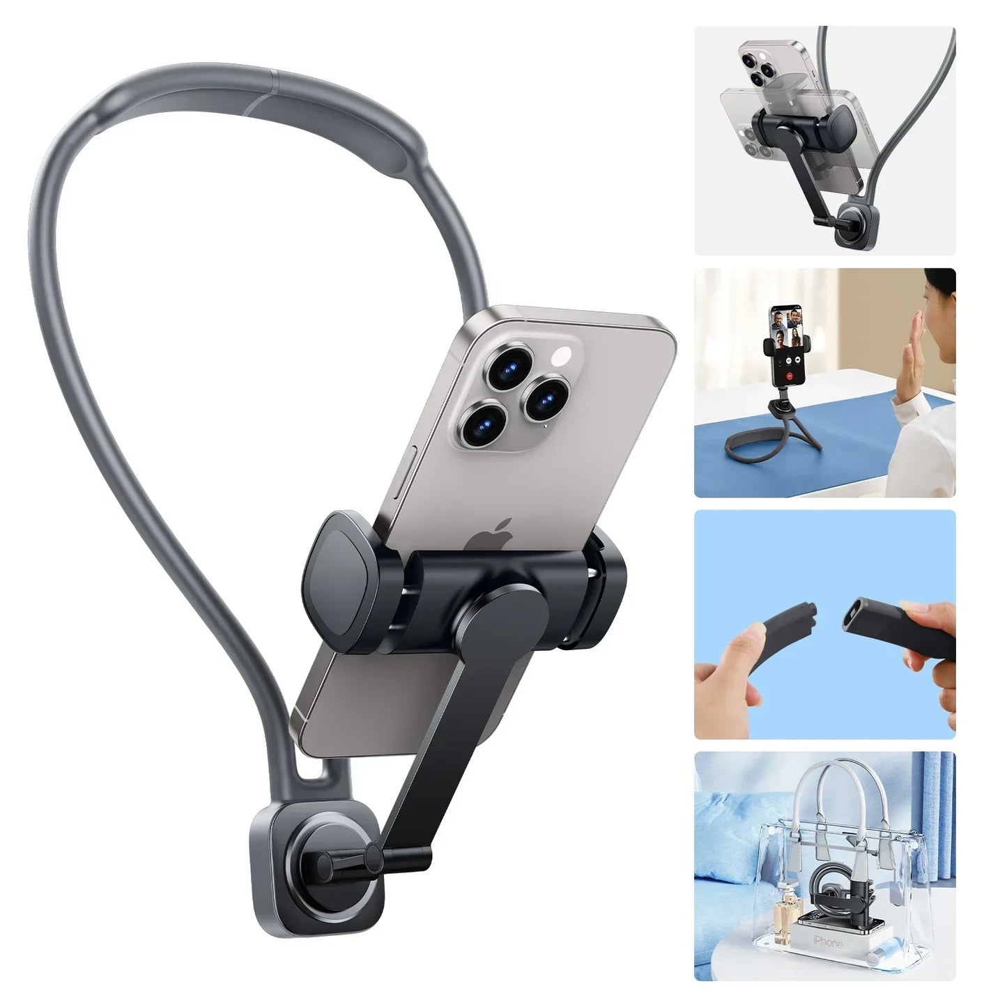 Gooseneck neck phone holder providing hands-free phone viewing with adjustable flexible arm