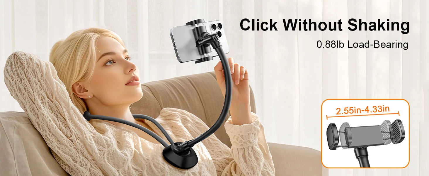 Gooseneck neck phone holder providing hands-free phone viewing with adjustable flexible arm