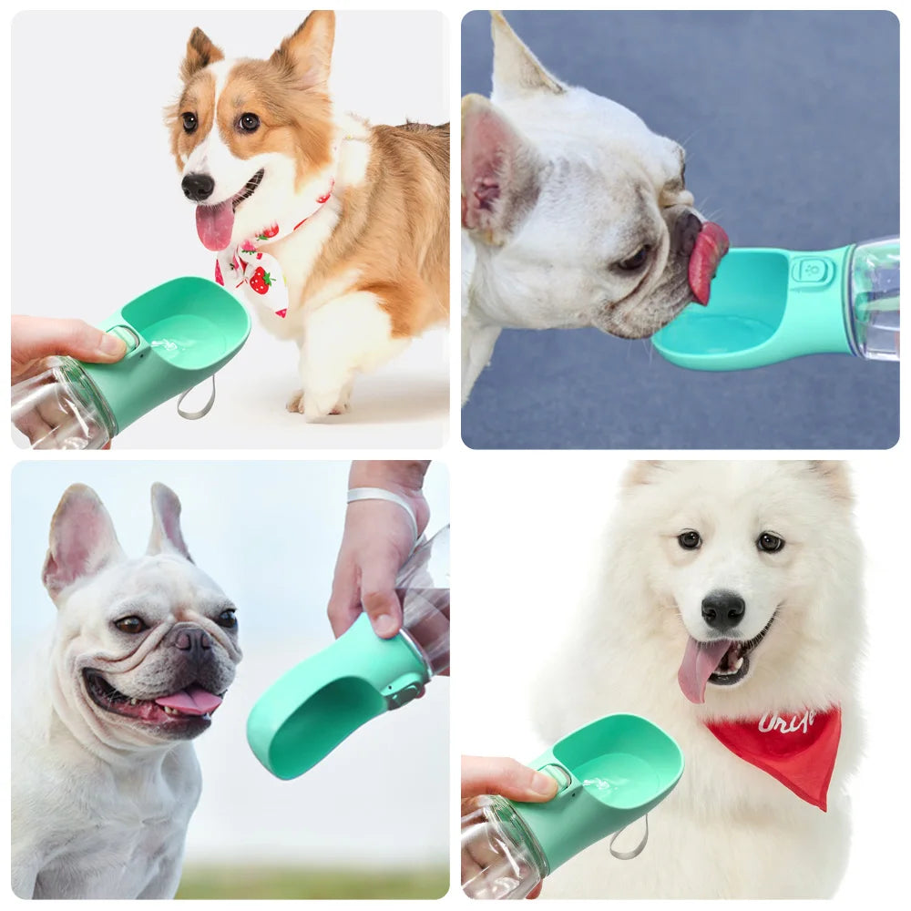 Portable leak-proof dog water bottle with built-in drinking cup used during outdoor walk
