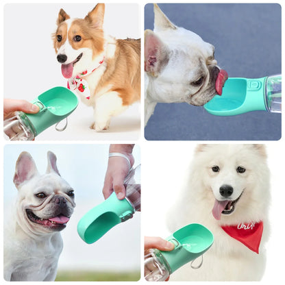Portable leak-proof dog water bottle with built-in drinking cup used during outdoor walk