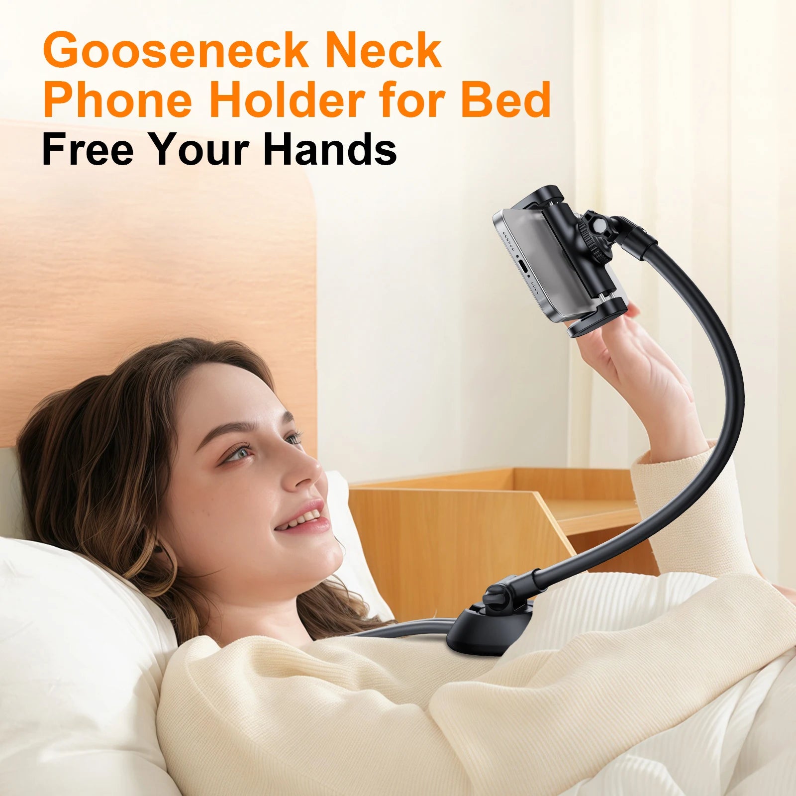 Gooseneck neck phone holder providing hands-free phone viewing with adjustable flexible arm