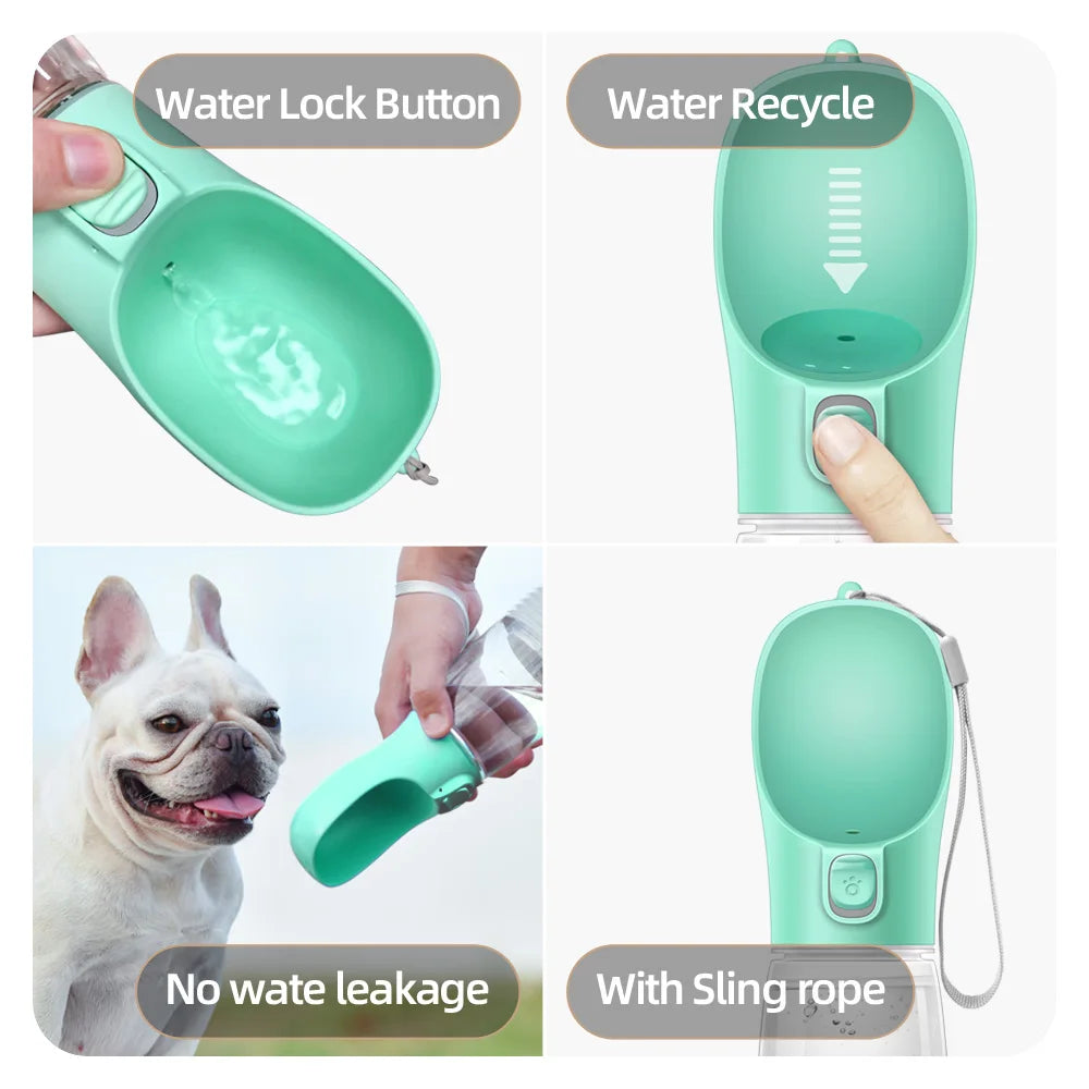 Portable leak-proof dog water bottle with built-in drinking cup used during outdoor walk