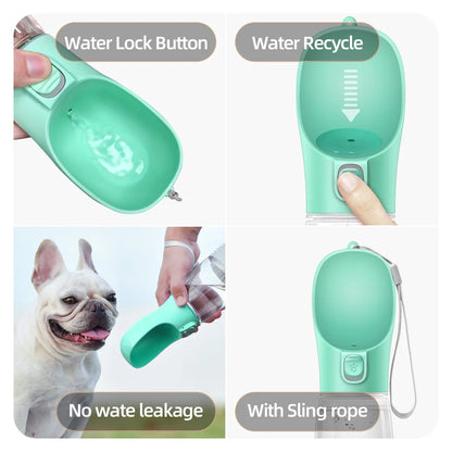 Portable leak-proof dog water bottle with built-in drinking cup used during outdoor walk