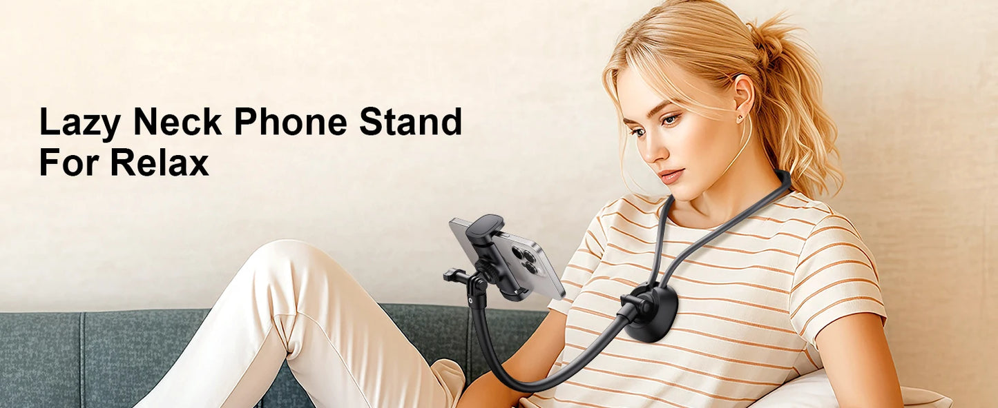 Gooseneck neck phone holder providing hands-free phone viewing with adjustable flexible arm
