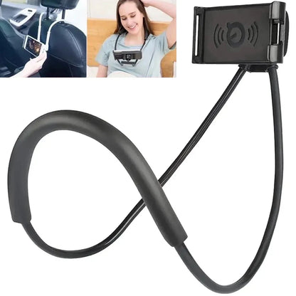 Flexible neck phone holder providing hands-free phone viewing while cooking and relaxing