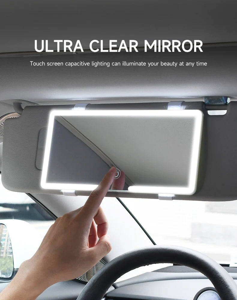 LED car vanity mirror with touch control mounted on sun visor for makeup and grooming