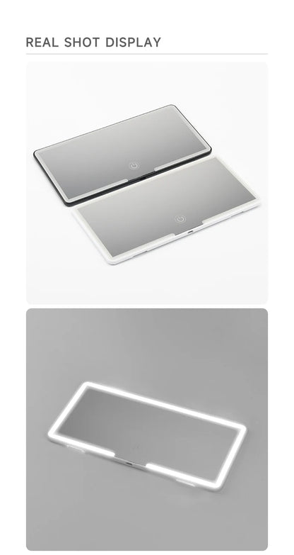 LED car vanity mirror with touch control mounted on sun visor for makeup and grooming