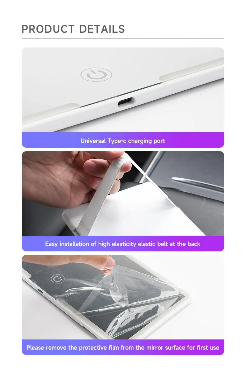 LED car vanity mirror with touch control mounted on sun visor for makeup and grooming