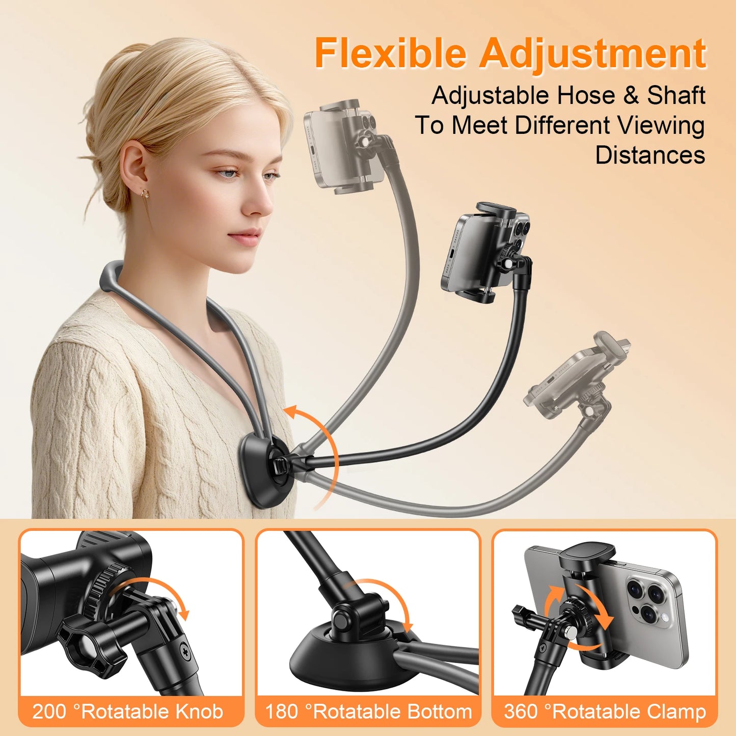 Gooseneck neck phone holder providing hands-free phone viewing with adjustable flexible arm