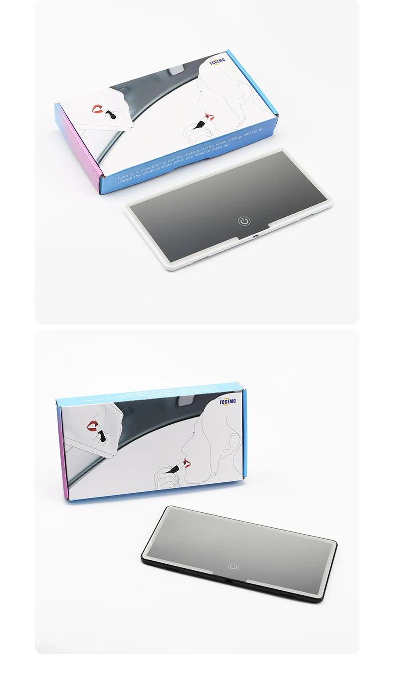 LED car vanity mirror with touch control mounted on sun visor for makeup and grooming