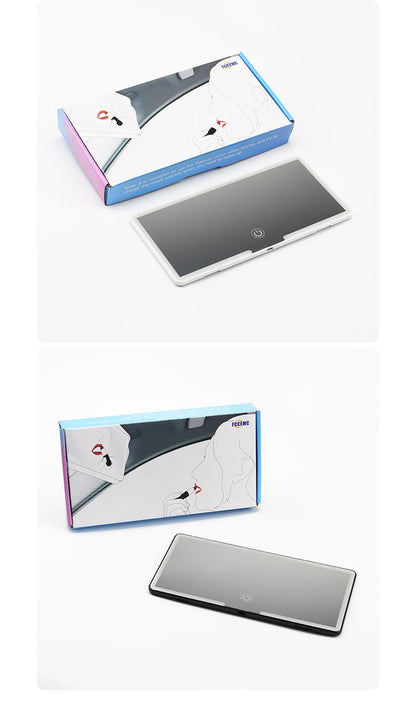 LED car vanity mirror with touch control mounted on sun visor for makeup and grooming