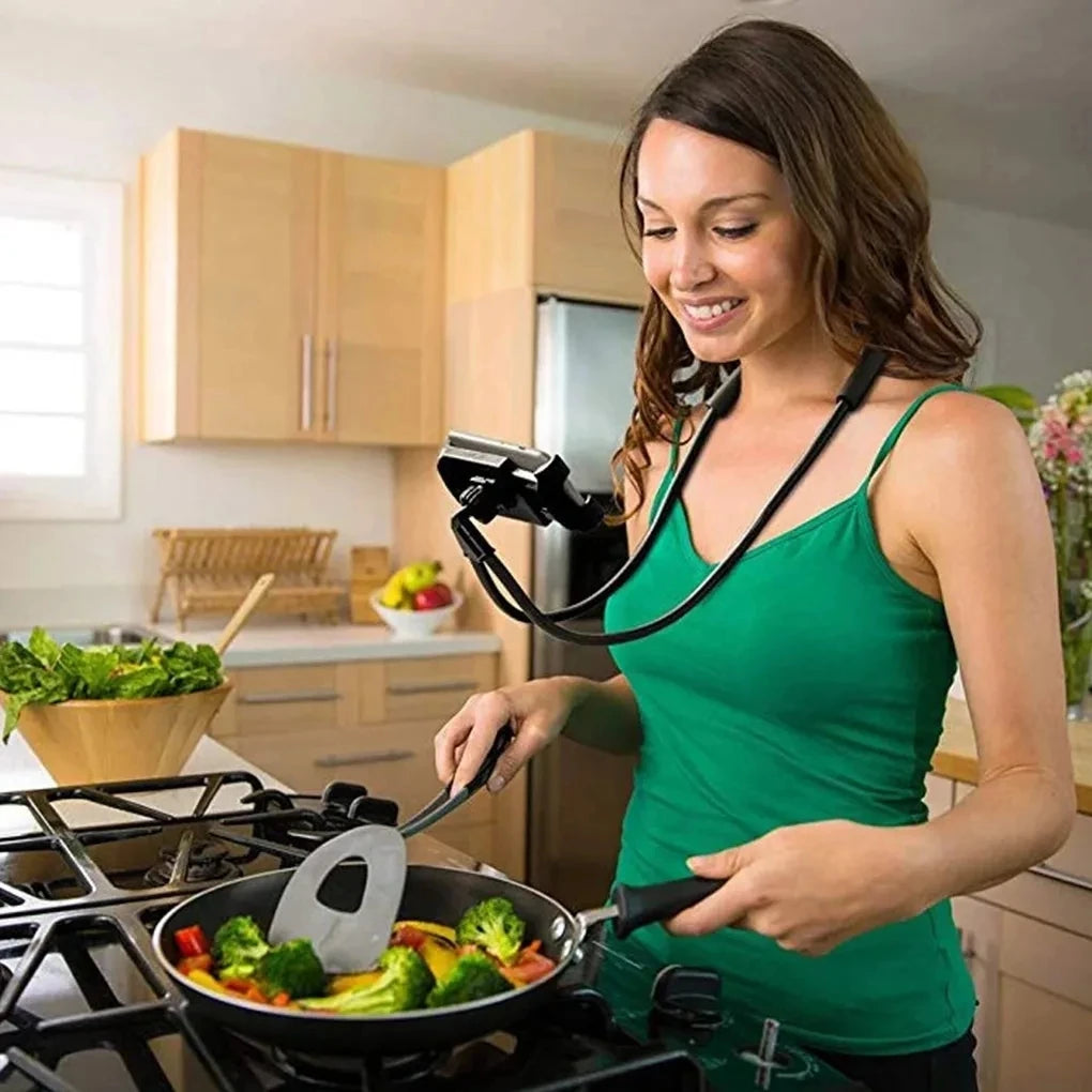 Flexible neck phone holder providing hands-free phone viewing while cooking and relaxing