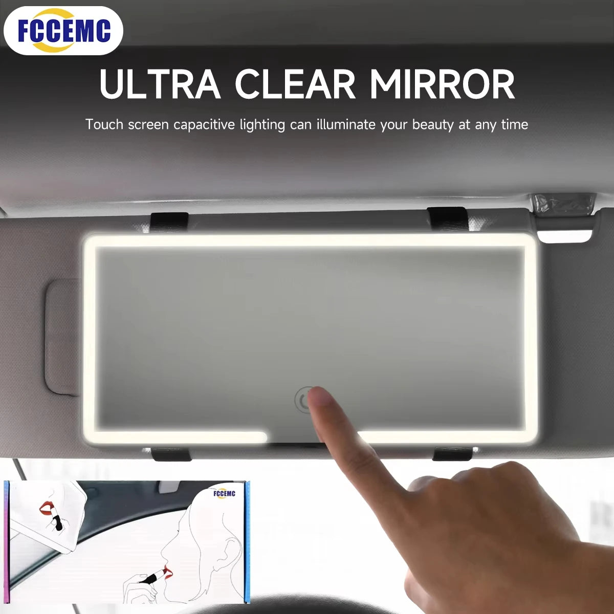 LED car vanity mirror with touch control mounted on sun visor for makeup and grooming