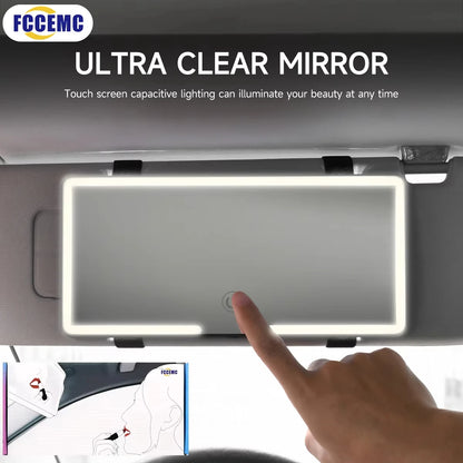 LED car vanity mirror with touch control mounted on sun visor for makeup and grooming
