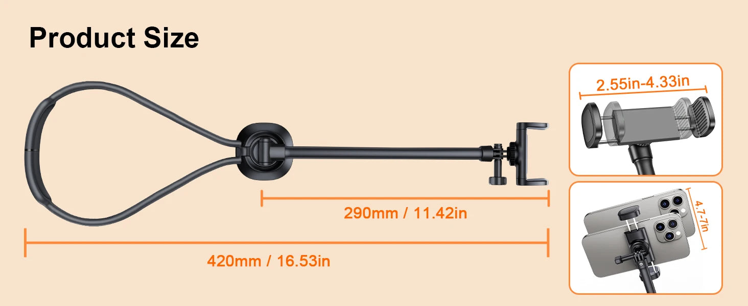 Gooseneck neck phone holder providing hands-free phone viewing with adjustable flexible arm