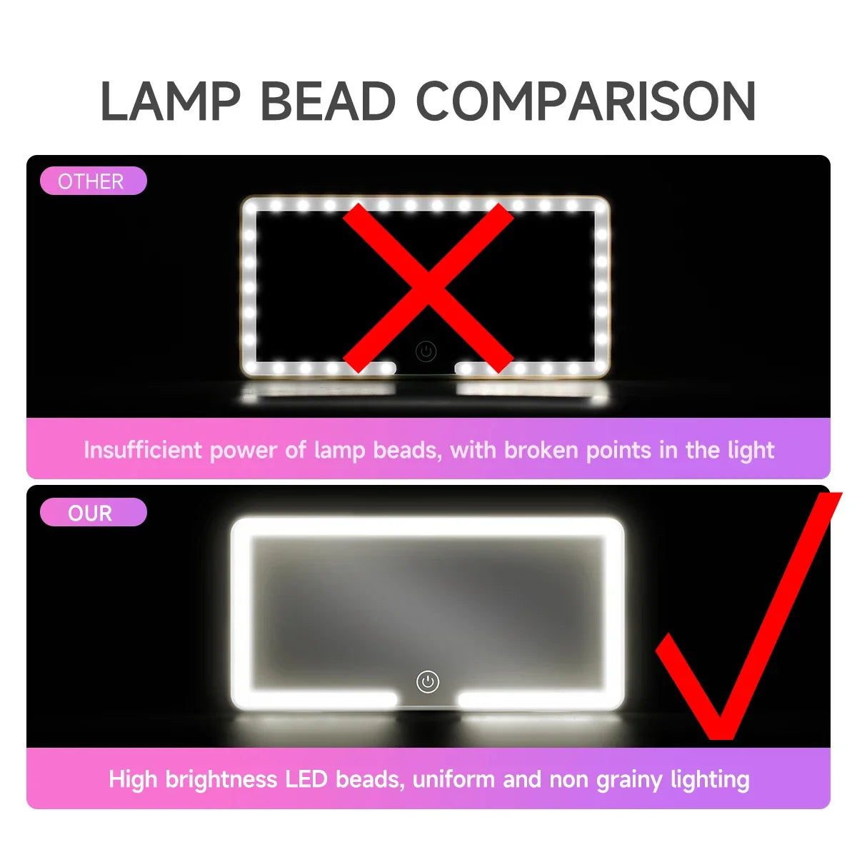 LED car vanity mirror with touch control mounted on sun visor for makeup and grooming